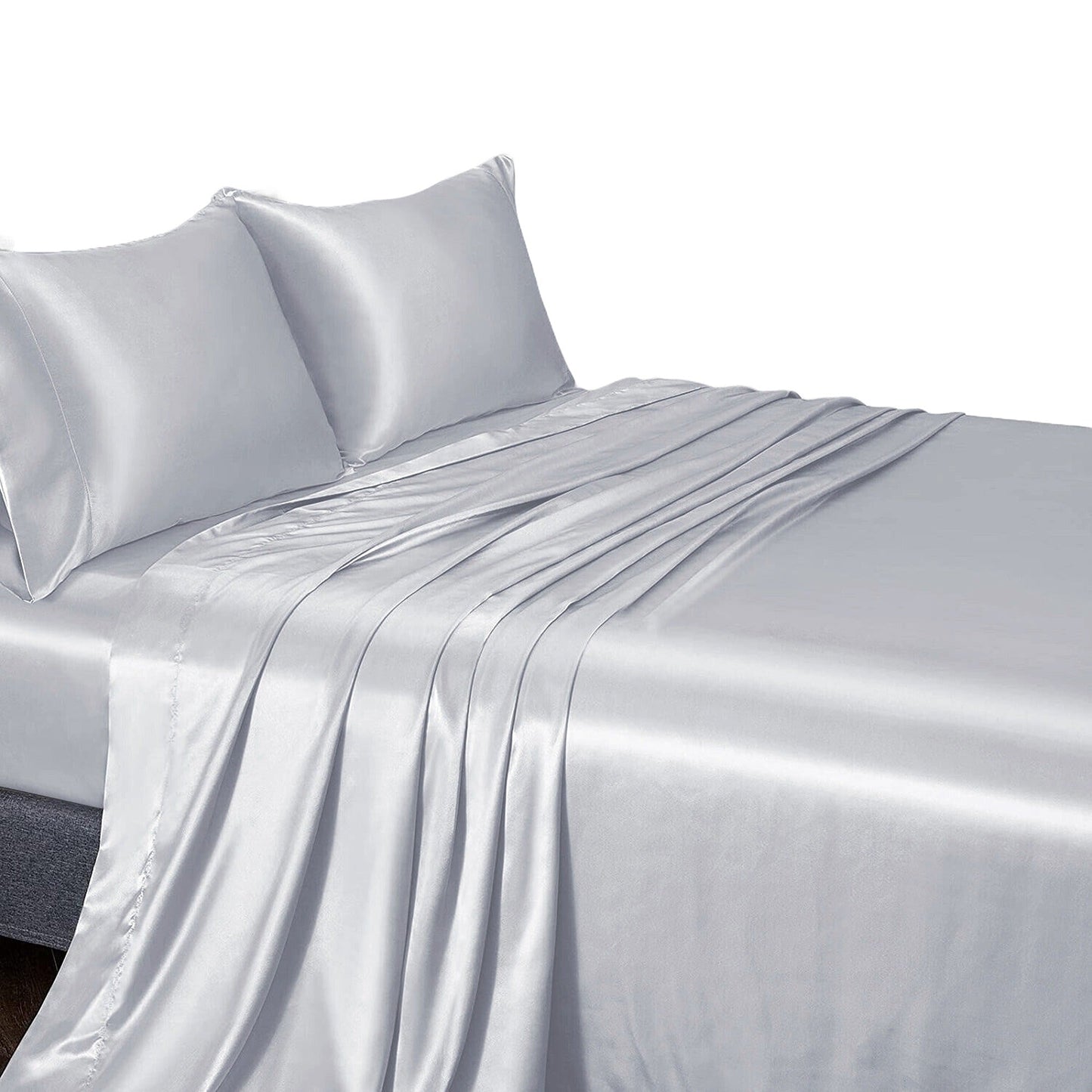 Light Gray Double Queen King Silk Satin Sheet Set Flat Fitted Sheet And Pillowcase