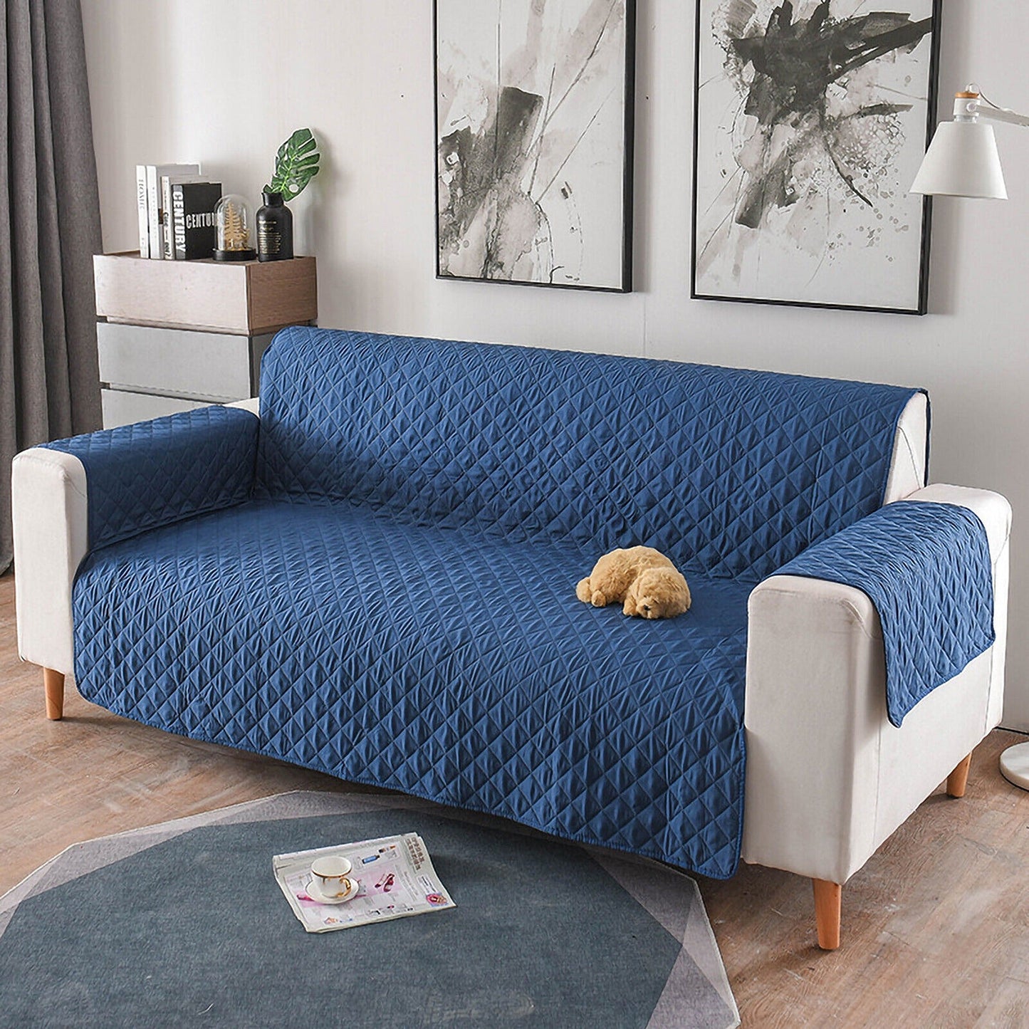 Blue Quilted Couch Covers Lounge Slipcover Seater Pet Sofa Protector Cover