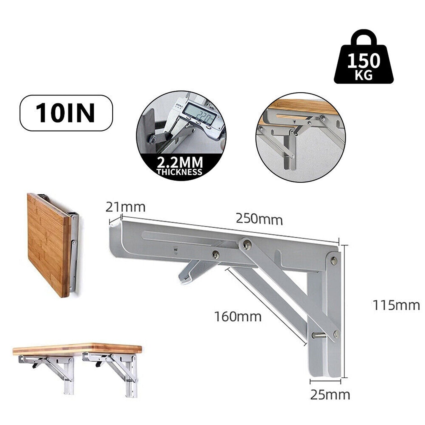 2pcs Stainless Steel Wall Shelf Bracket Folding Heavy Duty
