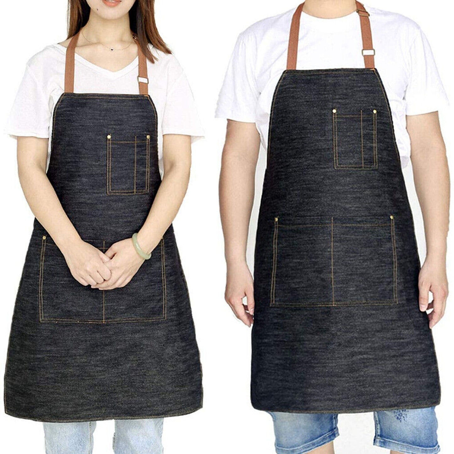 Denim Chef Apron with Adjustable Neck and Pocket for Kitchen Baking