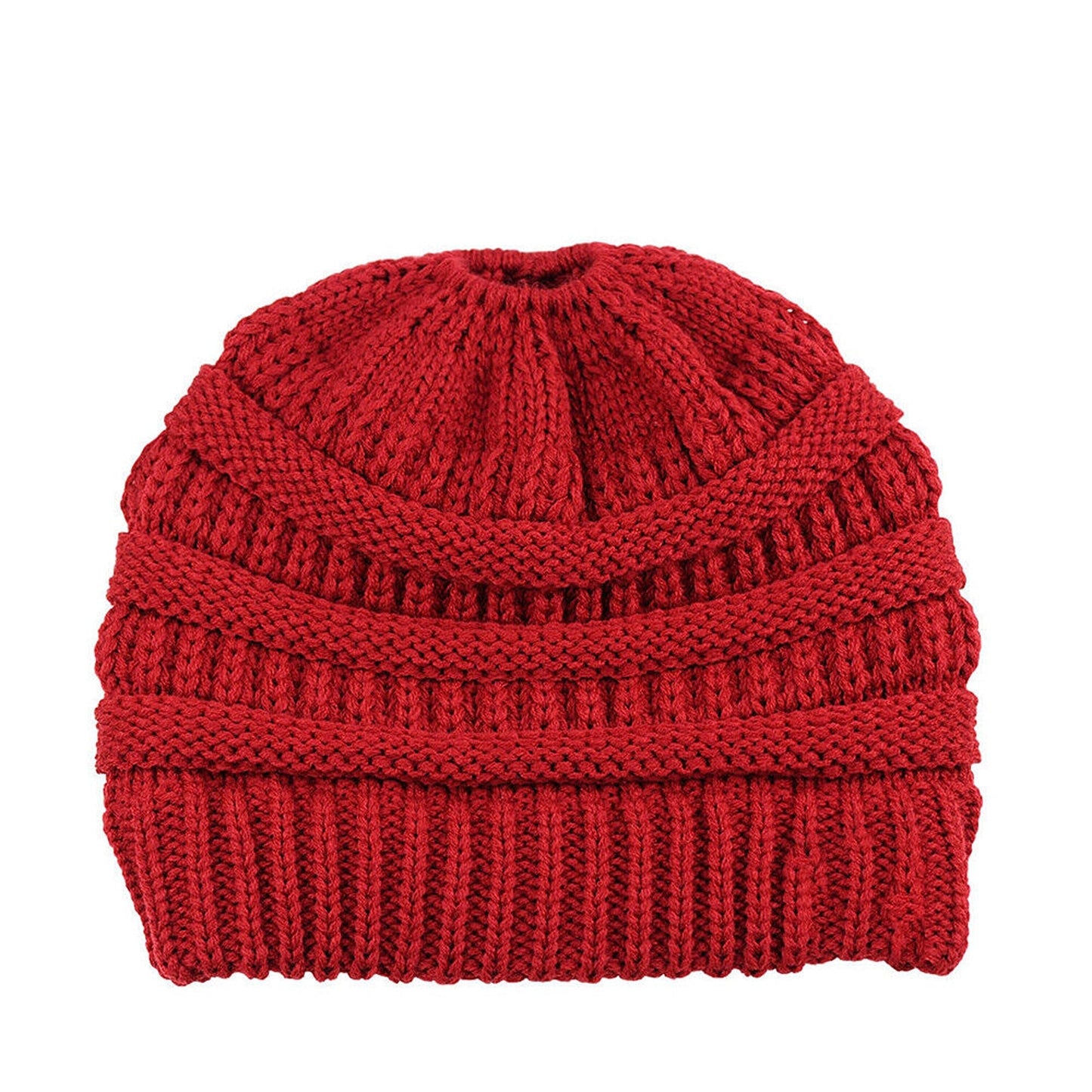 High Bun Ponytail Beanie for Women Soft Stretch Cable Knit Crochet Hat