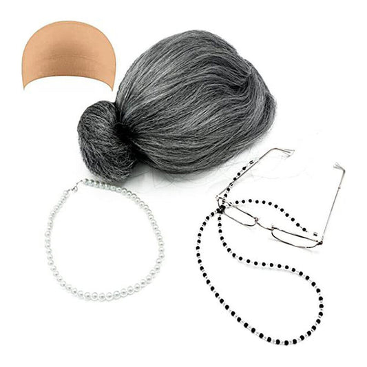 4pcs Granny Costume Set with Wig for School 100 Days Celebration