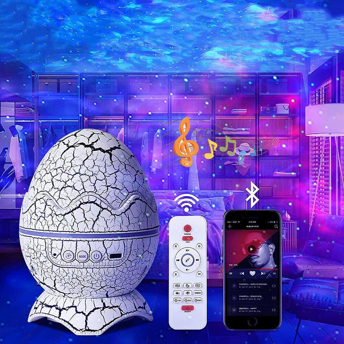 Dinosaur Egg Wireless Galaxy Star Projector with Music Player