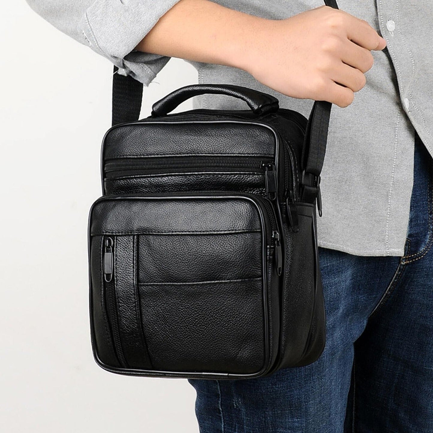 Men Genuine Leather Crossbody Bags Business Shoulder Messenger Backpack