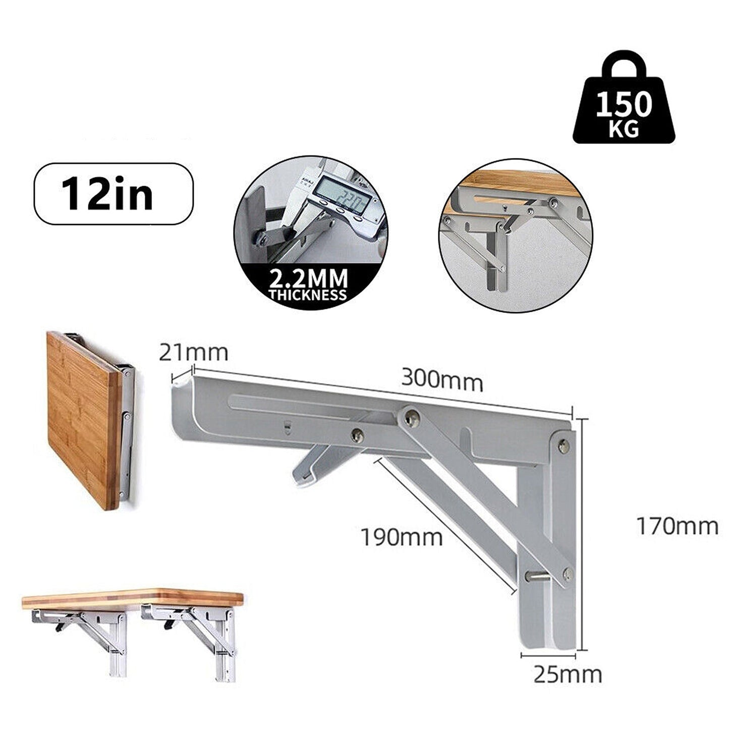 2pcs Stainless Steel Wall Shelf Bracket Folding Heavy Duty