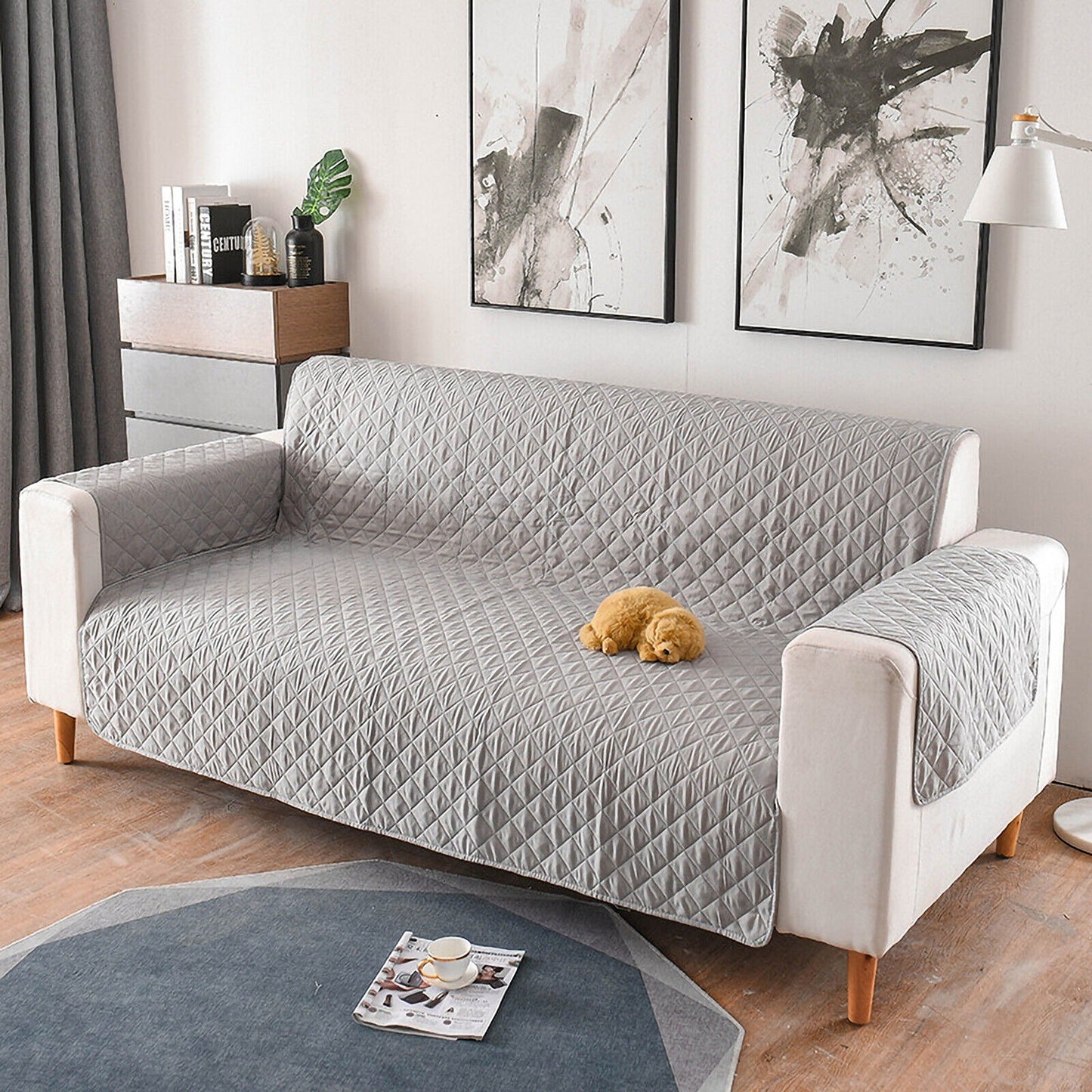 Grey Quilted Couch Covers Lounge Slipcover Seater Pet Sofa Protector Cover