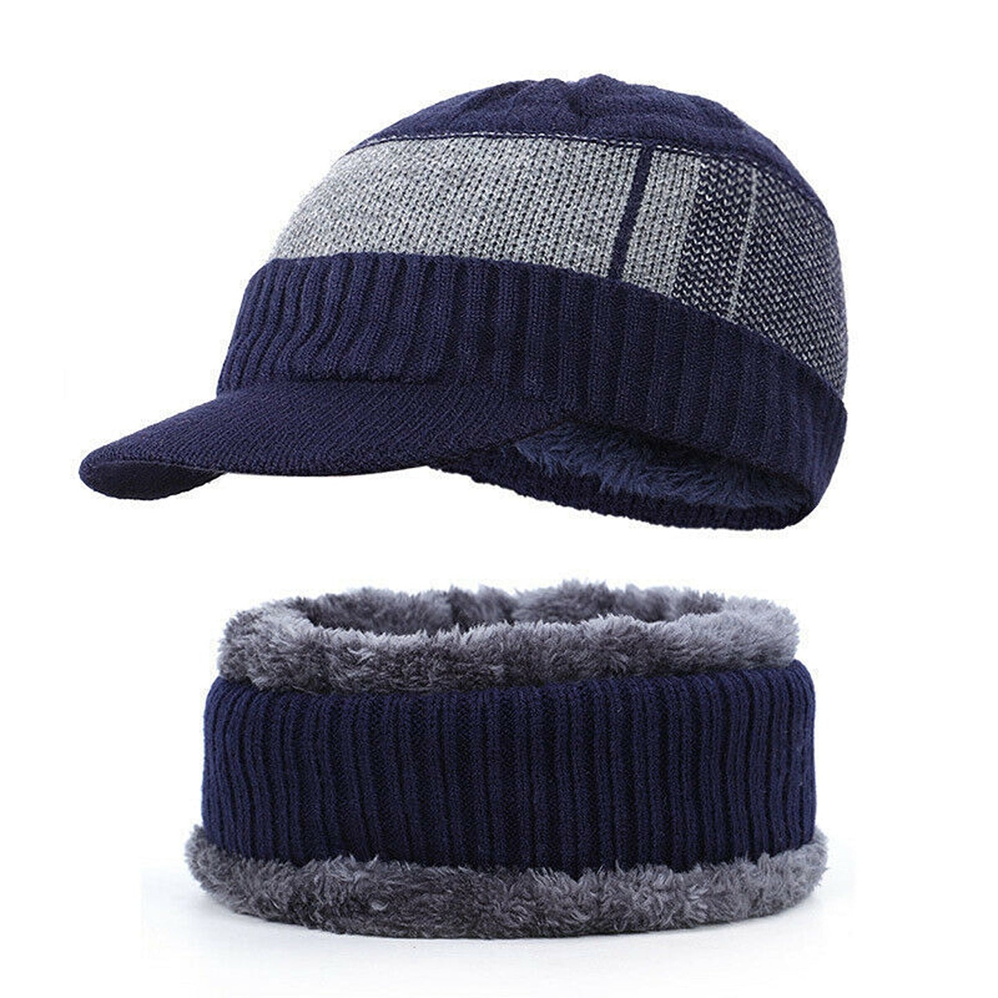 Men Fleece Lined Winter Beanie and Scarf Set Fashion Warm Ski Cap