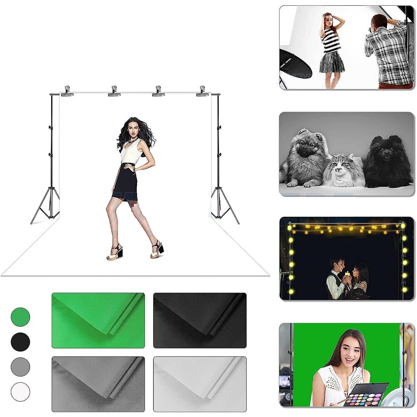 Studio Support Kit with Grey Green White and Black Photo Backdrops