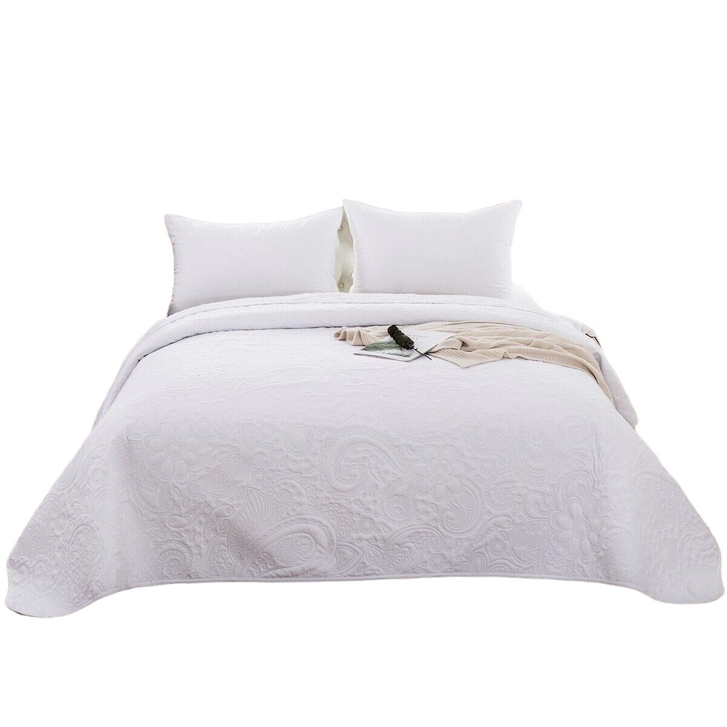 White Queen King Size Quilted Bedspread Set Soft Coverlet and Throw