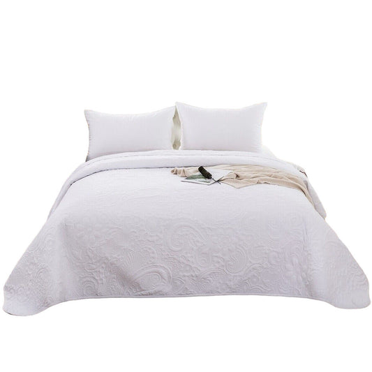 White Queen King Size Quilted Bedspread Set Soft Coverlet and Throw