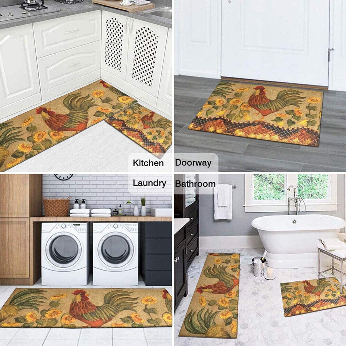 Rooster Farm Machine Washable Non-Slip Kitchen Door Mat