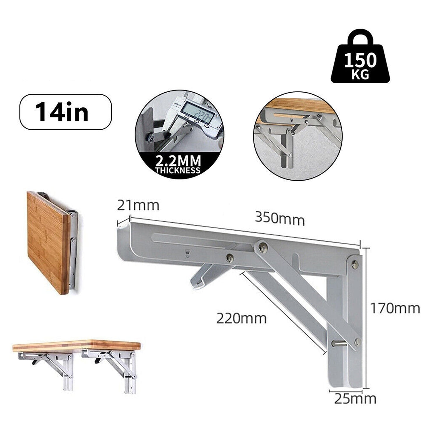 2pcs Stainless Steel Wall Shelf Bracket Folding Heavy Duty