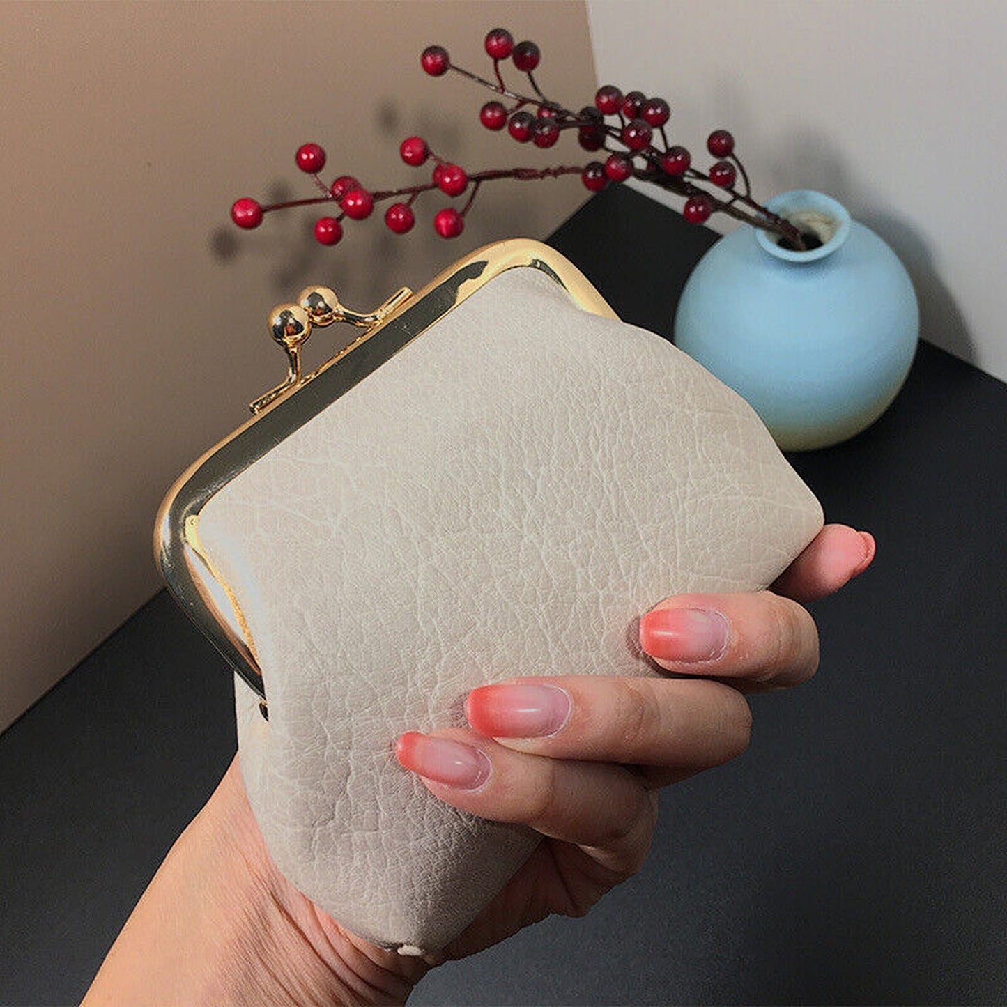 Small Leather Cosmetic Bag for Coin and Lipstick Storage