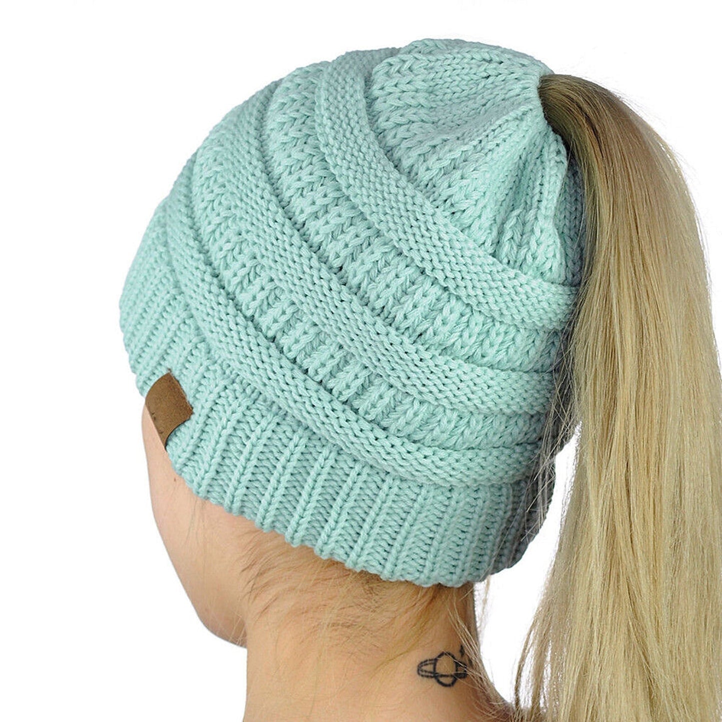 High Bun Ponytail Beanie for Women Soft Stretch Cable Knit Crochet Hat
