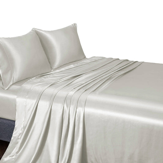 White Double Queen King Silk Satin Sheet Set Flat Fitted Sheet And Pillowcase