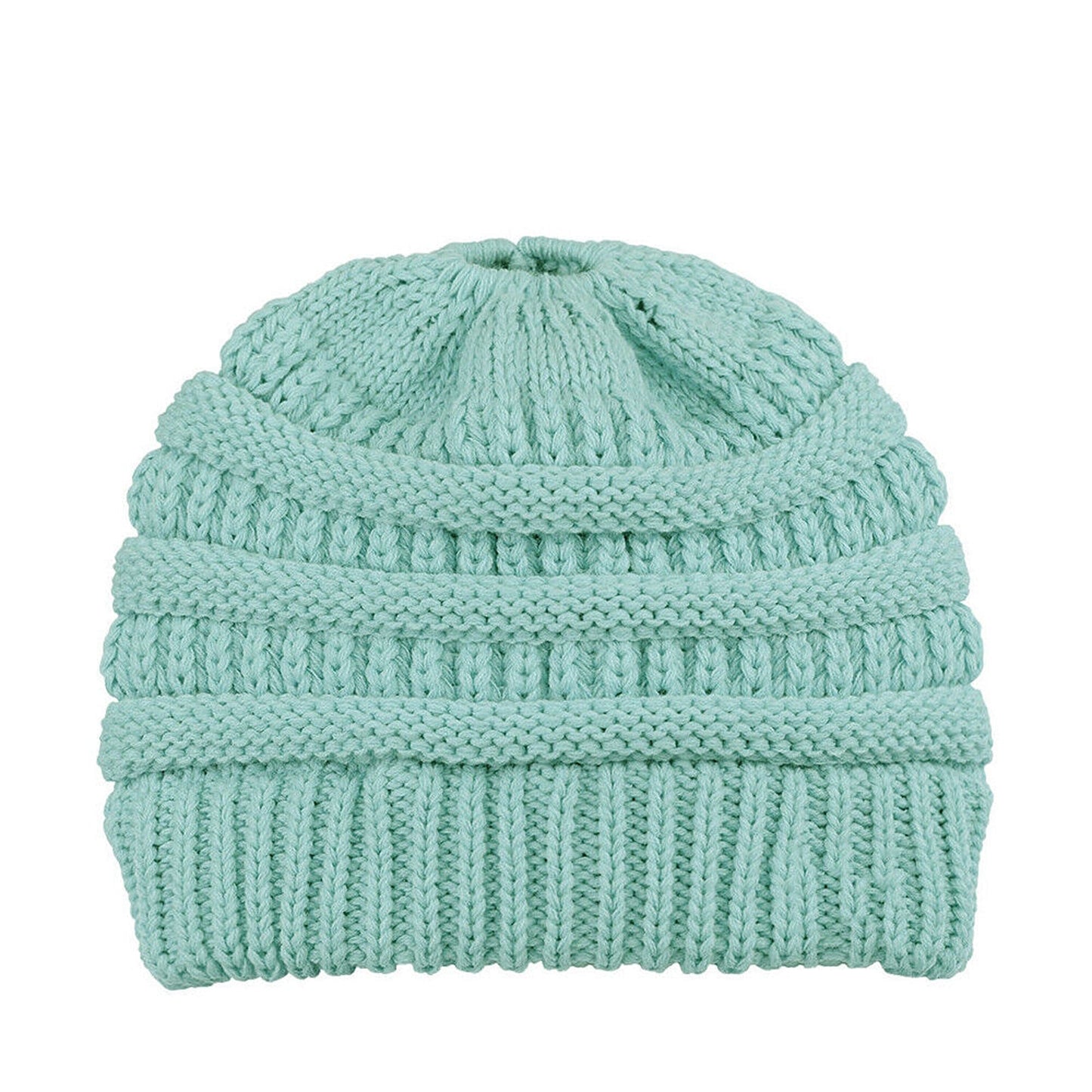 High Bun Ponytail Beanie for Women Soft Stretch Cable Knit Crochet Hat