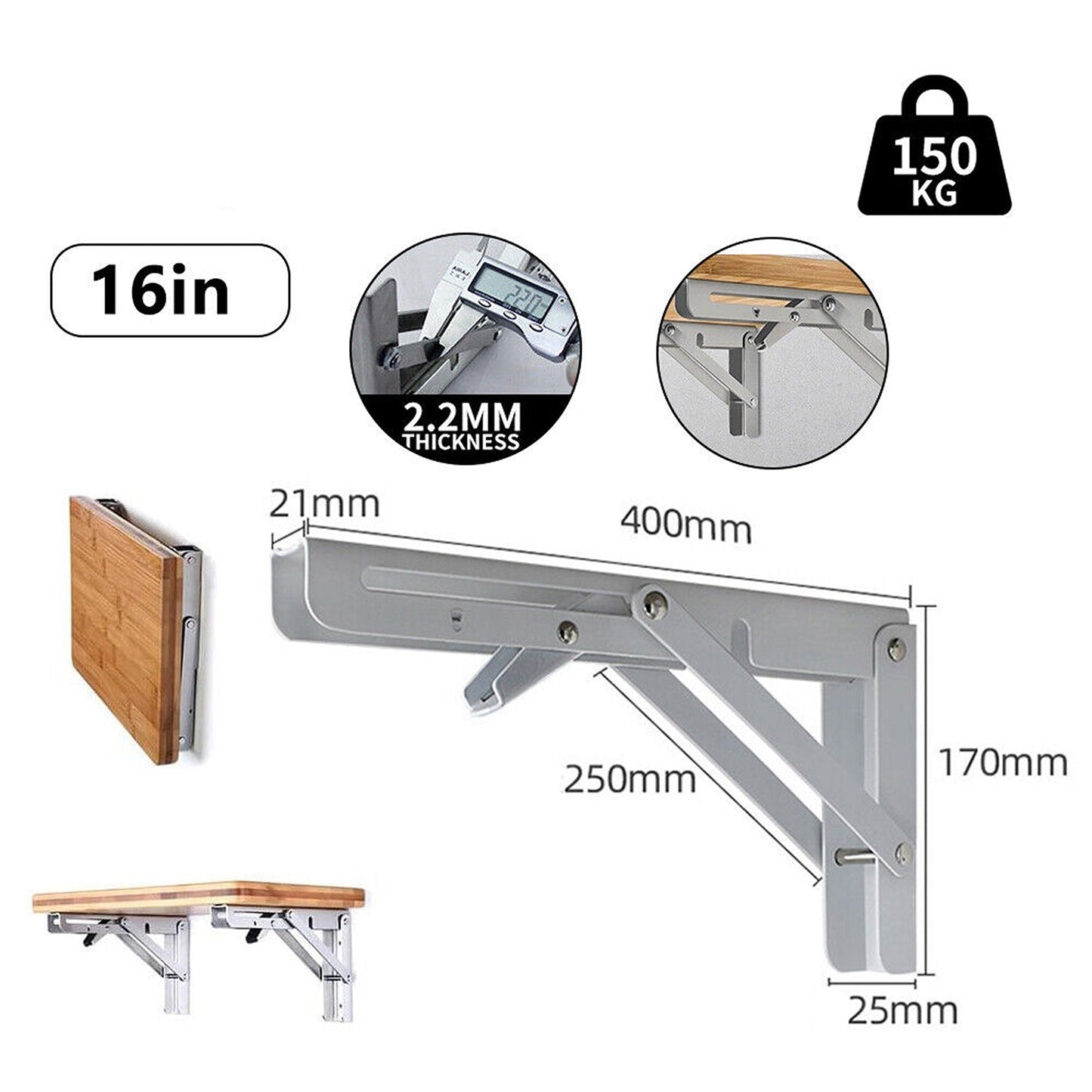 2pcs Stainless Steel Wall Shelf Bracket Folding Heavy Duty