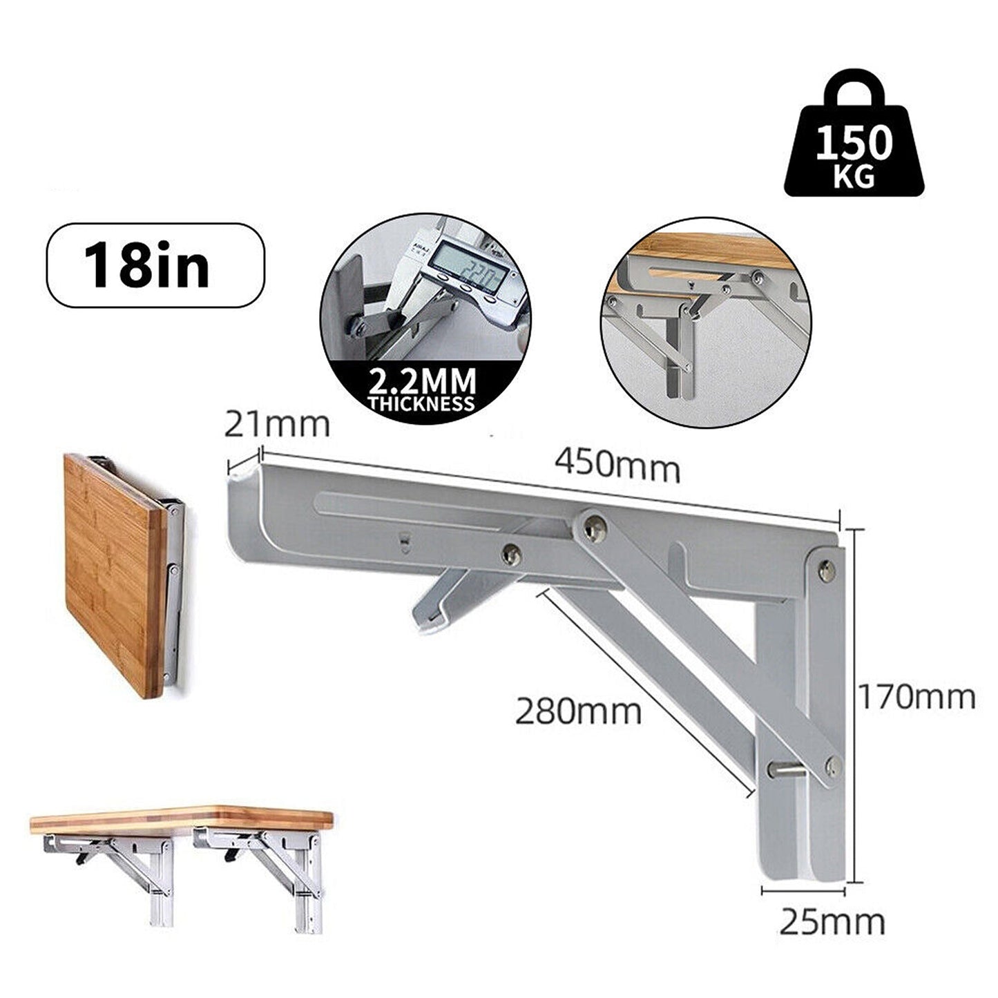 2pcs Stainless Steel Wall Shelf Bracket Folding Heavy Duty