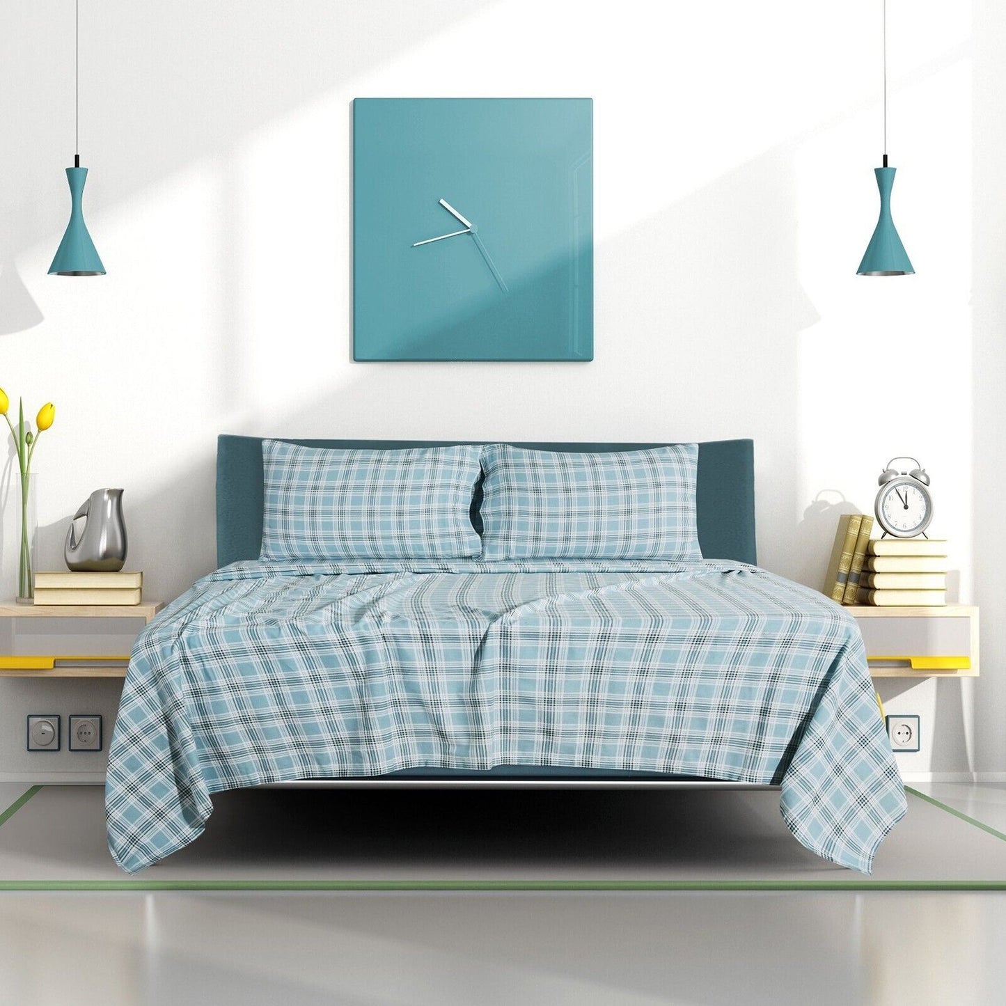 Green Plaid Cotton Flannelette Sheets Set with Standard Pillow Case Single Double Queen King