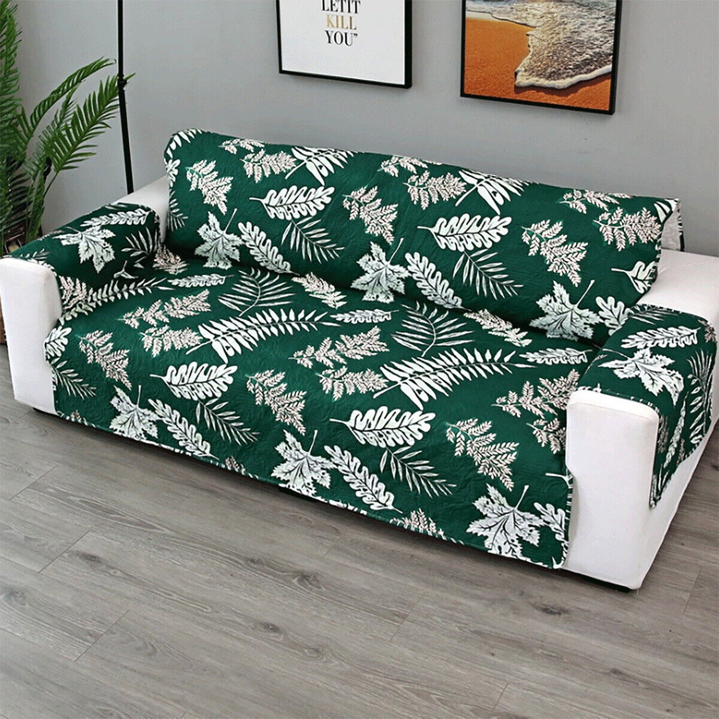 Dark Green Leaves Quilted Couch Covers Lounge Slipcover Seater Pet Sofa Protector Cover