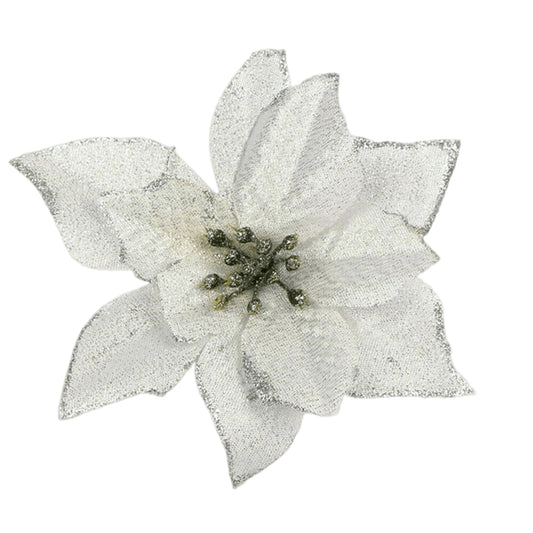 Silver Glitter Poinsettia Decorations for Christmas Tree and Wreath