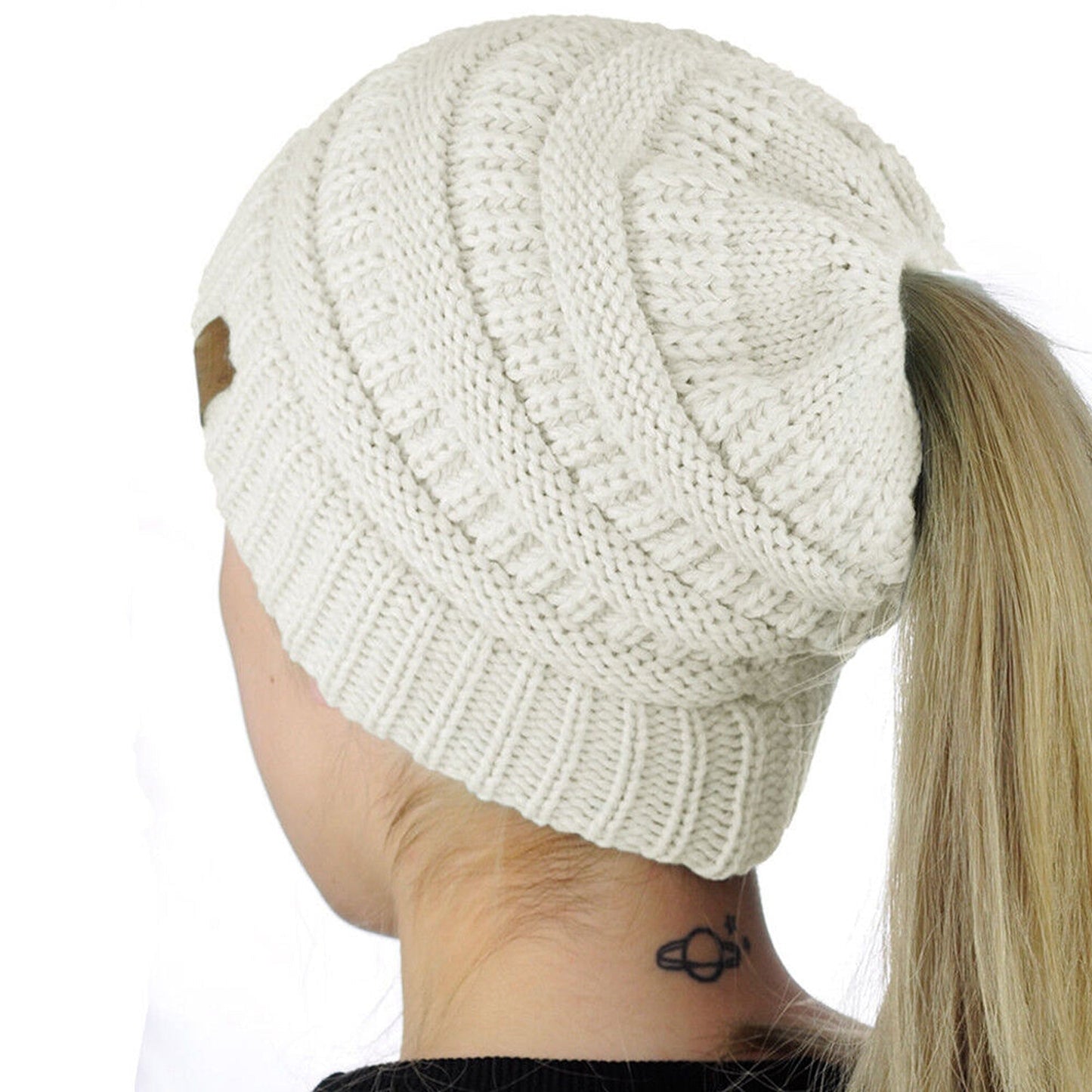 High Bun Ponytail Beanie for Women Soft Stretch Cable Knit Crochet Hat
