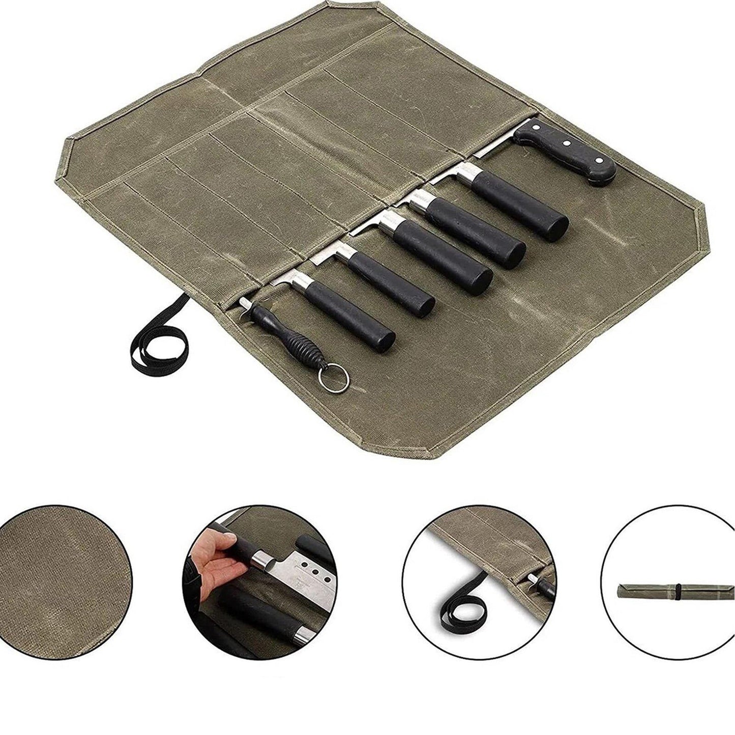 Waxed Canvas Chef Knife Roll Bag 7 Slot Storage Case