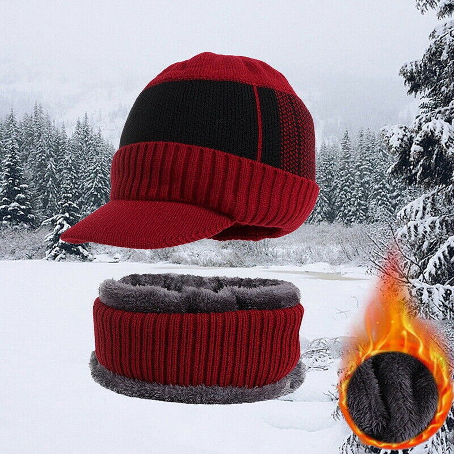 Men Fleece Lined Winter Beanie and Scarf Set Fashion Warm Ski Cap