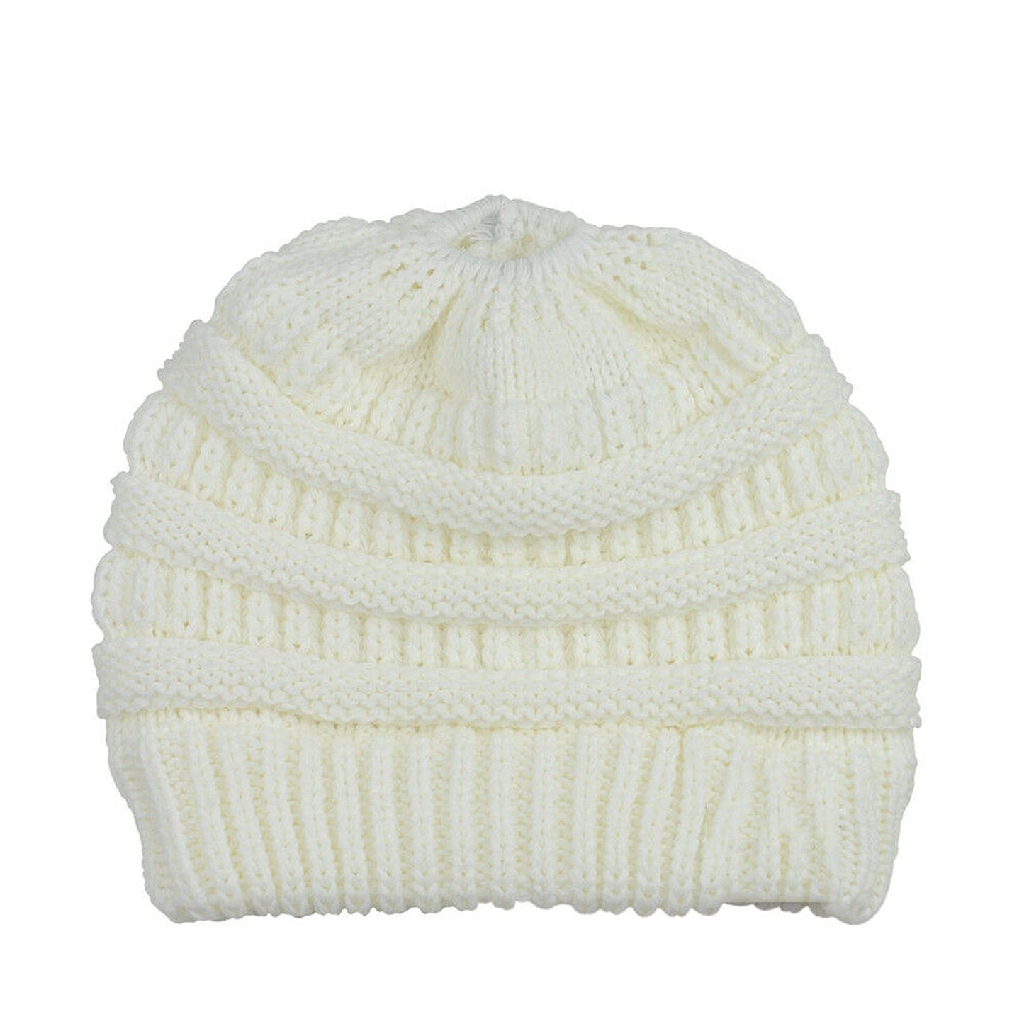 High Bun Ponytail Beanie for Women Soft Stretch Cable Knit Crochet Hat