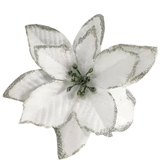 White Glitter Poinsettia Christmas Tree and Wreath Decorations
