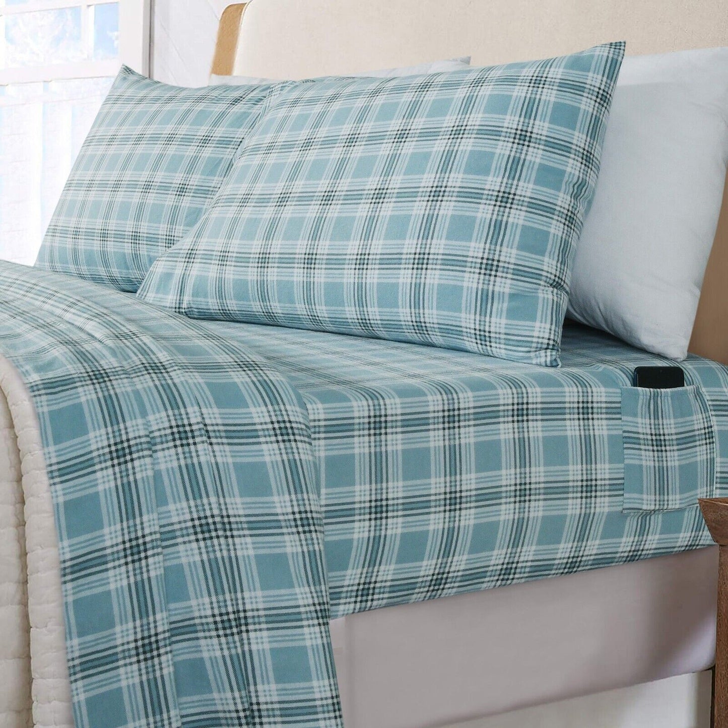 Green Plaid Cotton Flannelette Sheets Set with Standard Pillow Case Single Double Queen King