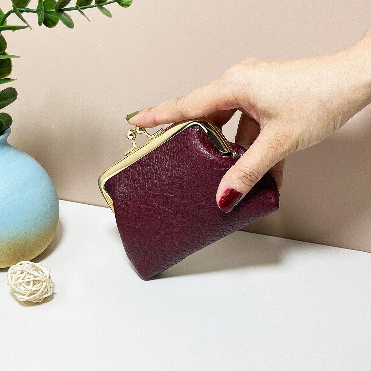 Small Leather Cosmetic Bag for Coin and Lipstick Storage
