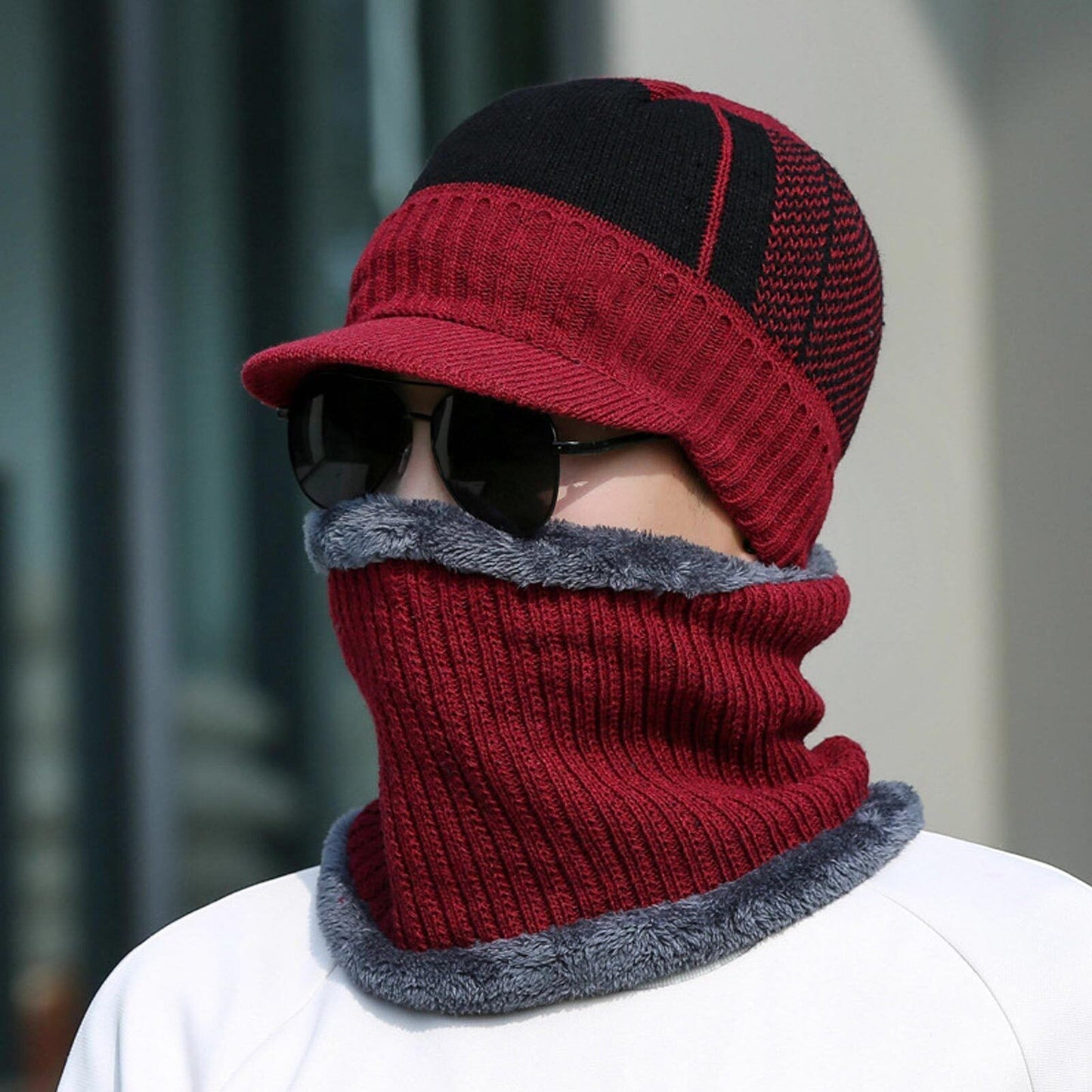 Men Fleece Lined Winter Beanie and Scarf Set Fashion Warm Ski Cap