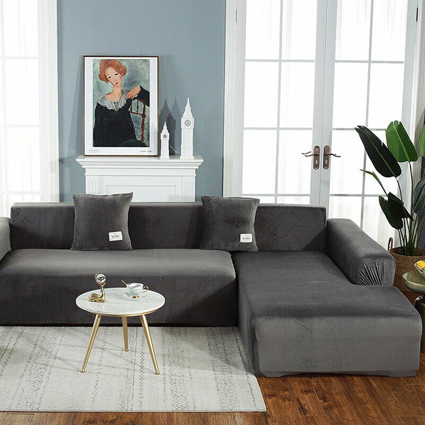 Dark Grey Super Stretch Slipcover Velvet Sofa Covers Couch Cover