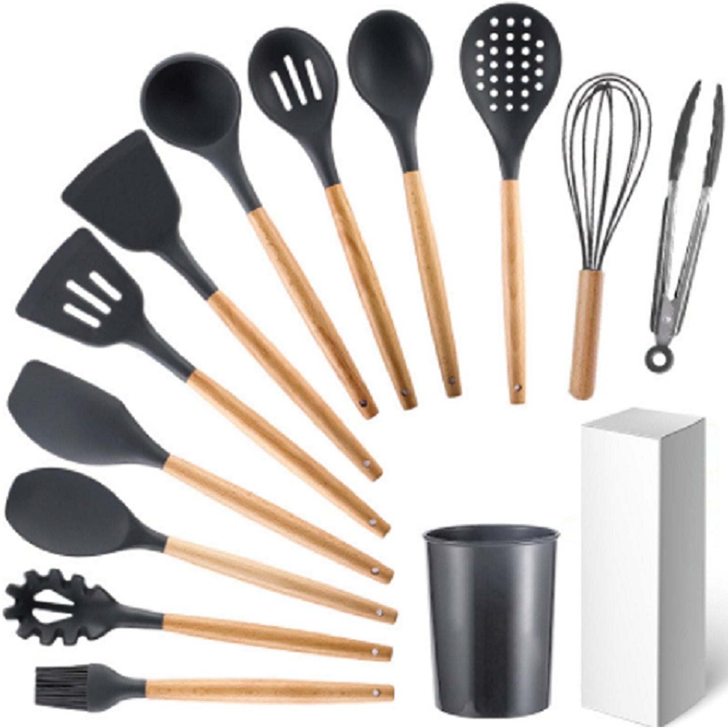 Silicone Cooking Utensils Set with Wooden Handles - 12pcs