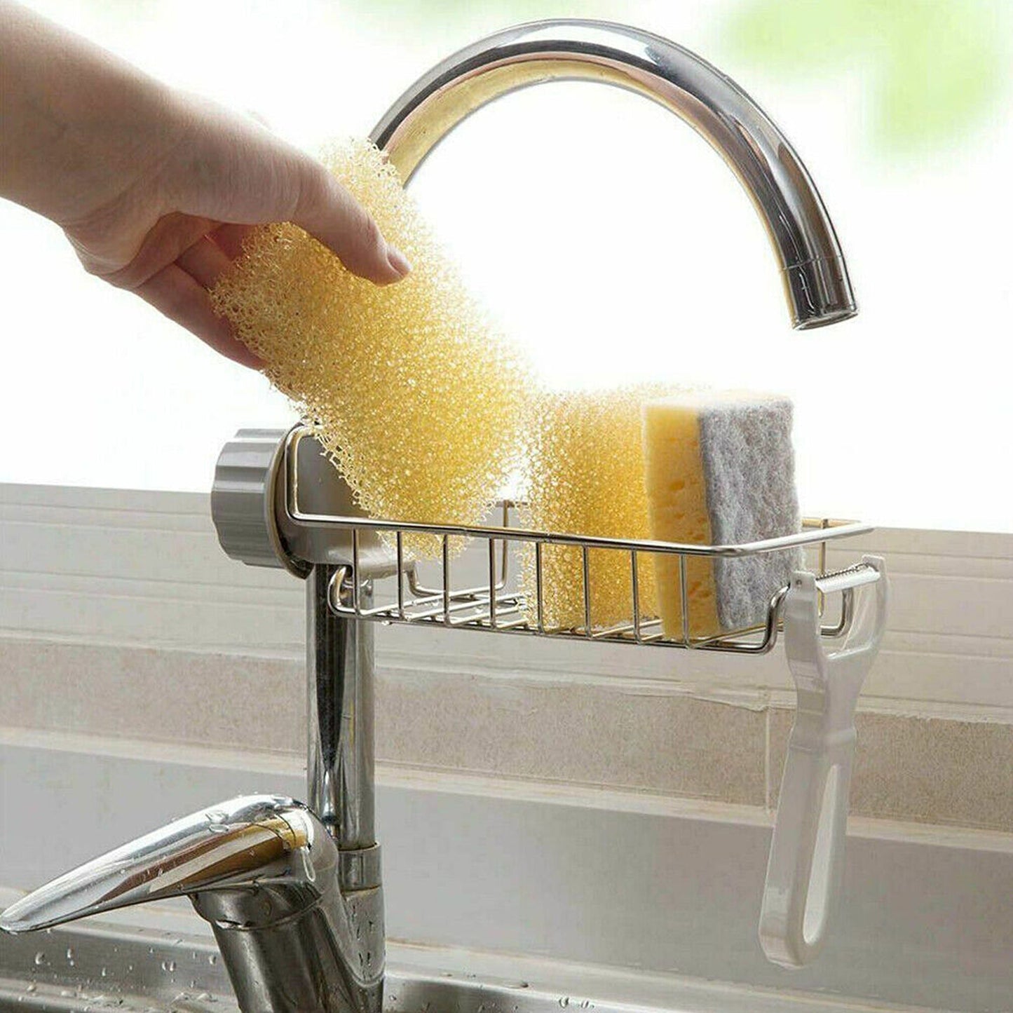 Sponge Holder for Kitchen Sink Faucet Shelf with Cloth Rack Organizer
