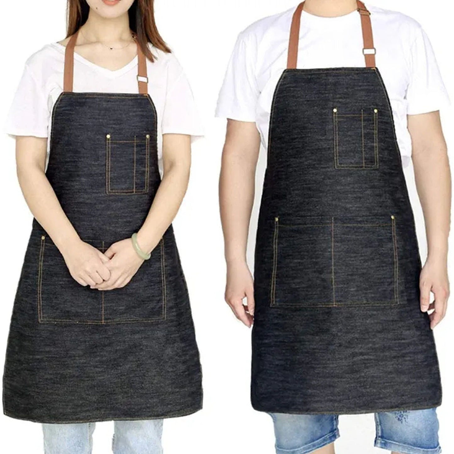 Oil-Resistant Denim Cooking Apron with Adjustable Bib and Pocket
