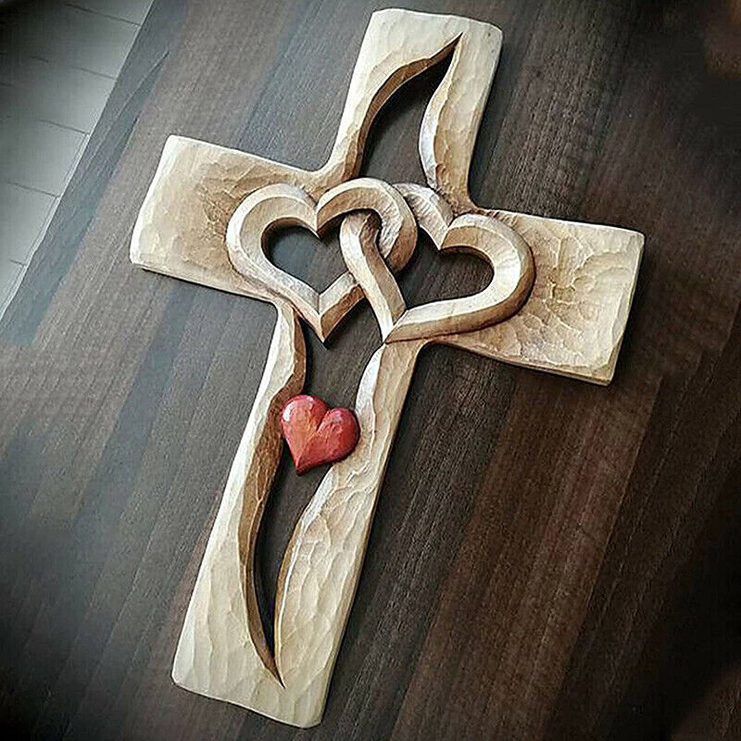 Wooden Cross with Intertwined Hearts Wall Hanging Love Decor
