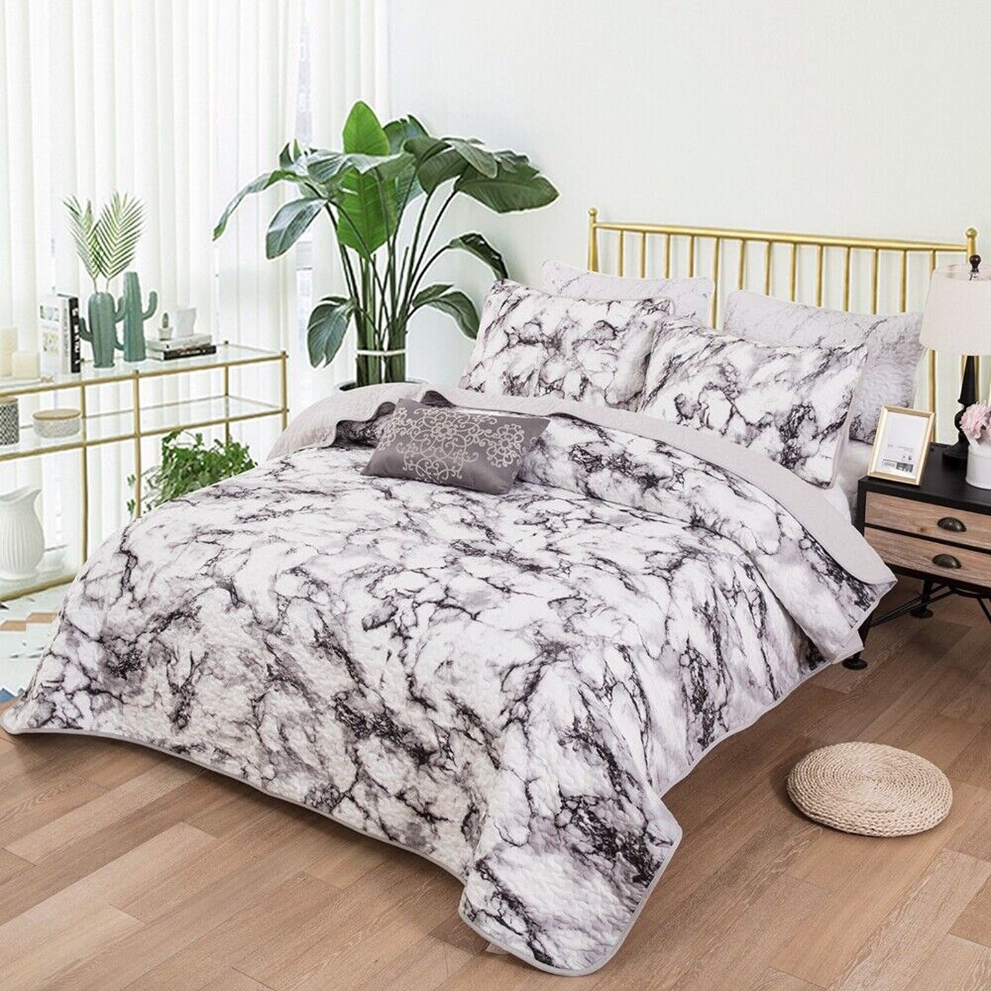 Marble Pattern Queen Size Quilted Bedspread Patchwork Comforter Set