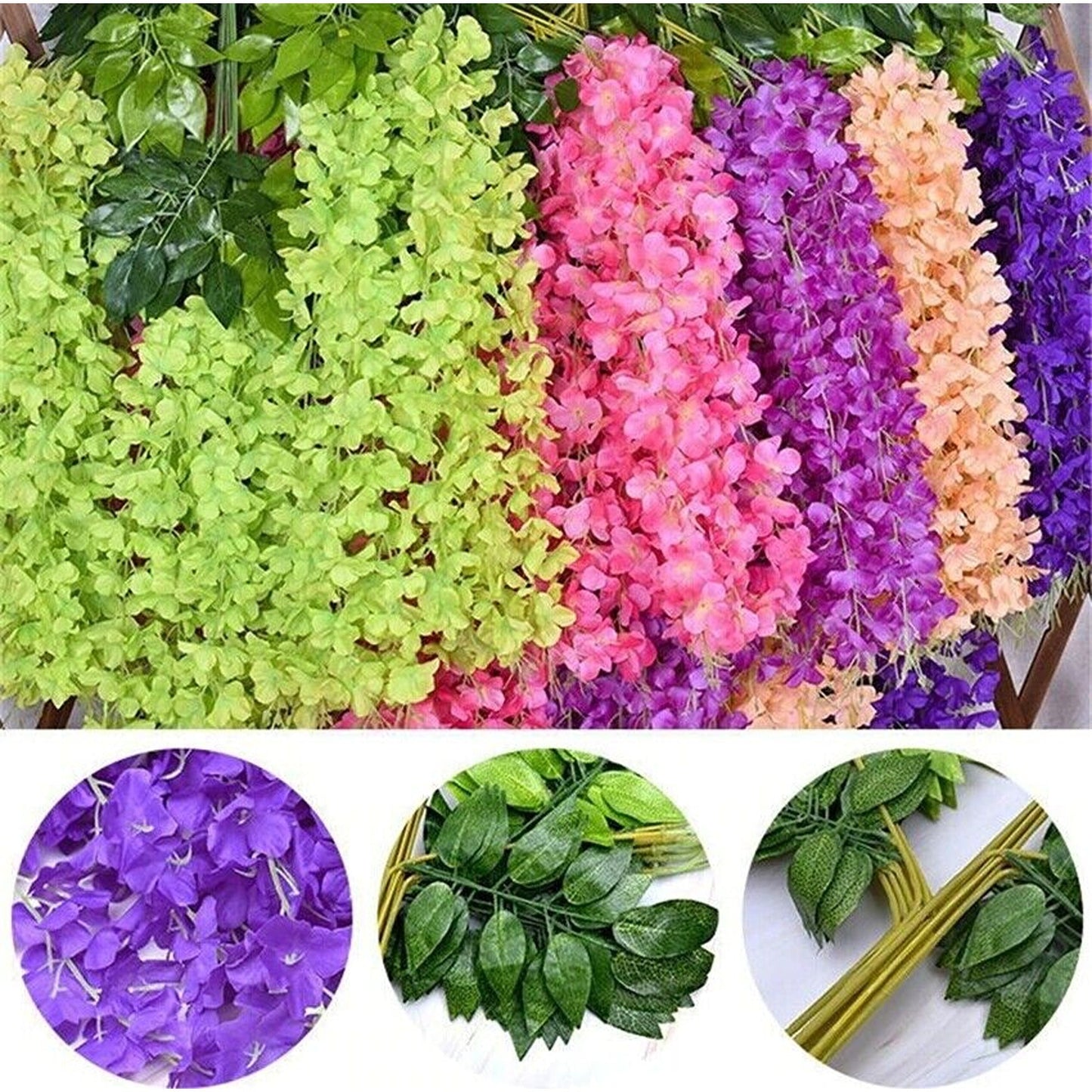 12pcs Hanging Silk Wisteria Vine Garland Artificial Leaf Decoration for Weddings