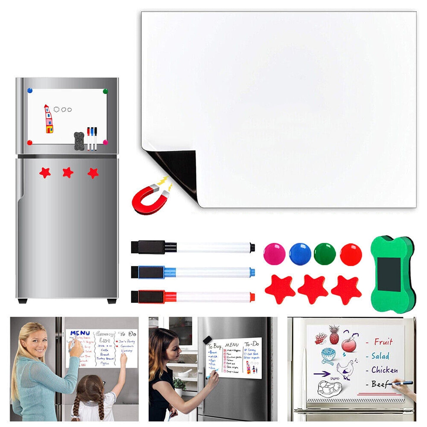 Magnetic Whiteboard for Fridge A3 Size Includes Markers and Eraser