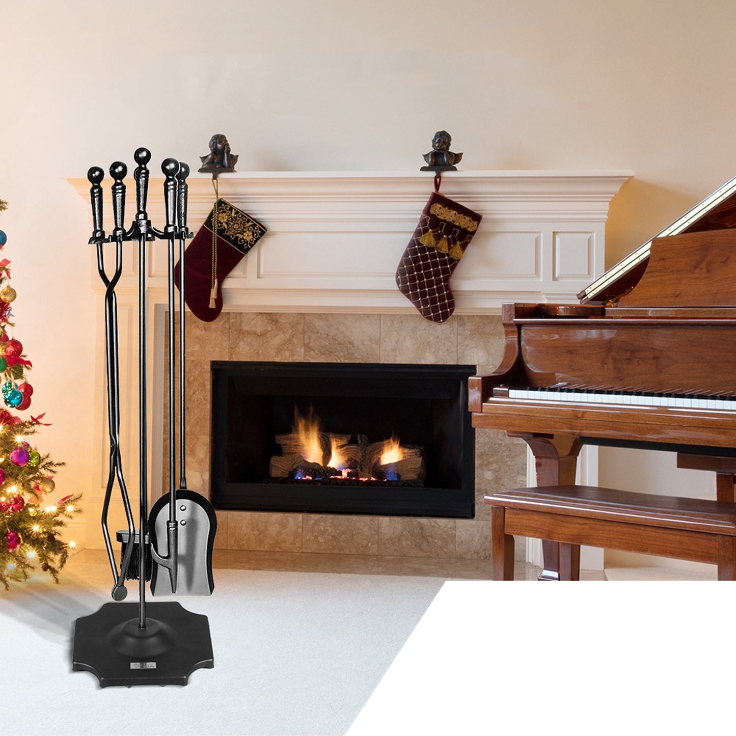 5 Pieces Fireplace Tools Set Includes Poker Brush Shovel Stand Tongs