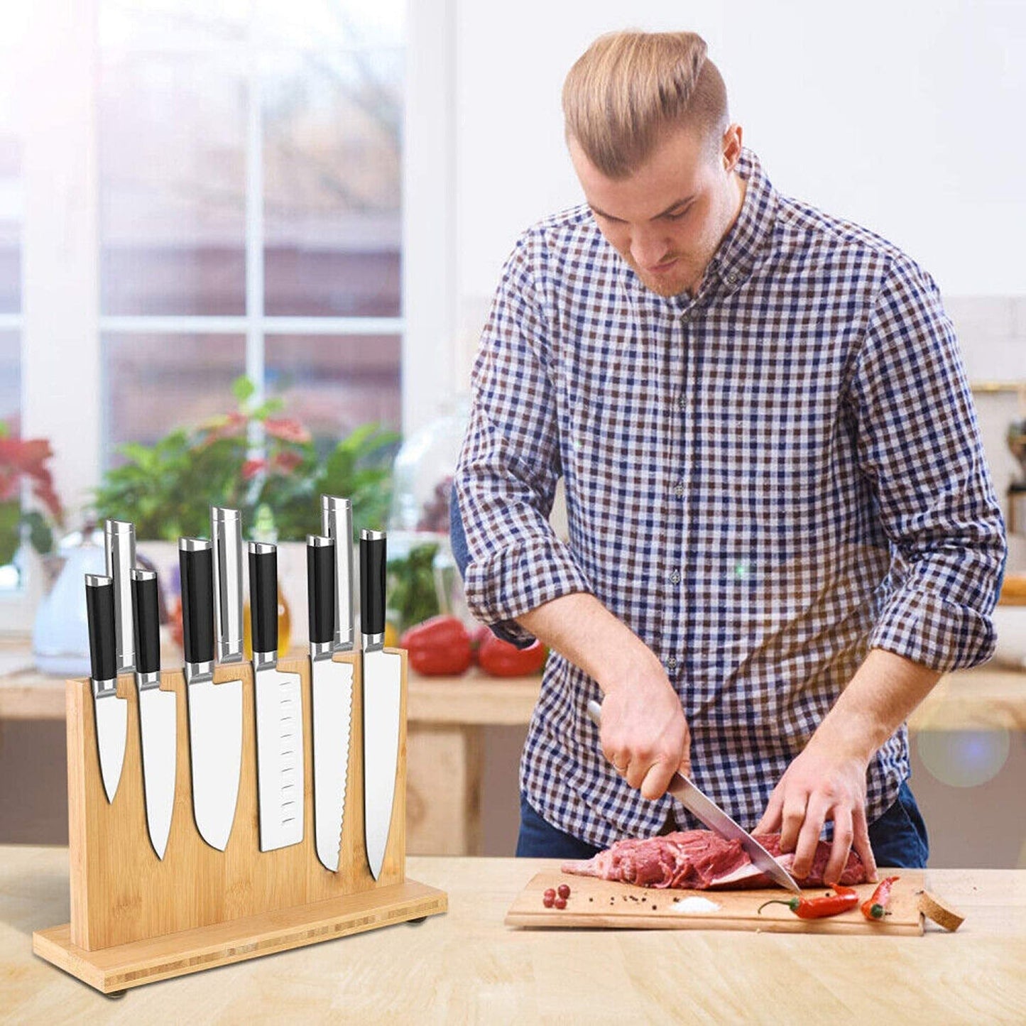 Bamboo Magnetic Knife Block Eco-friendly Cutlery Stand with Enhanced Magnets