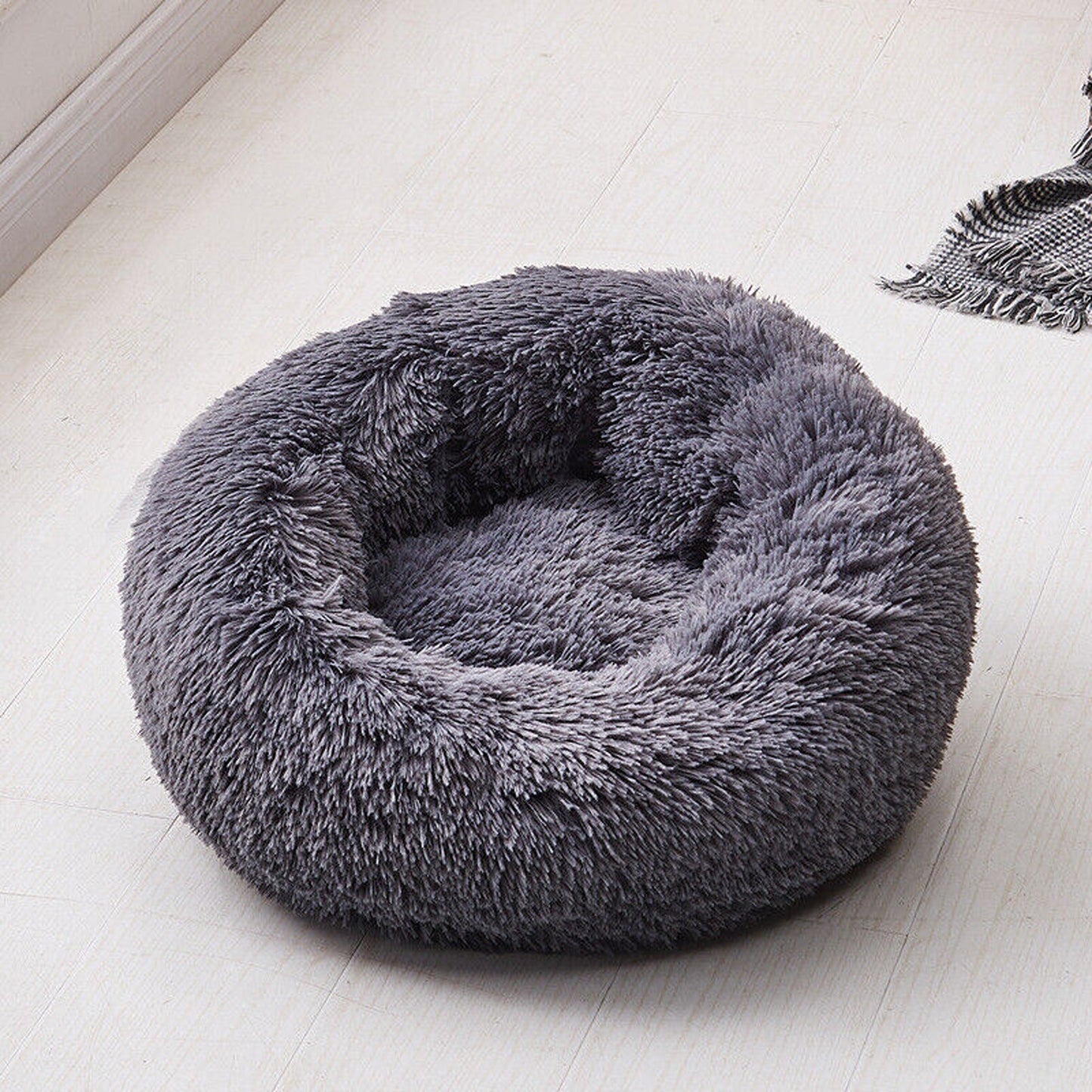 Grey Plush Round Nest Pet Dog Cat Calming Bed Comfy Sleeping Kennel Cave