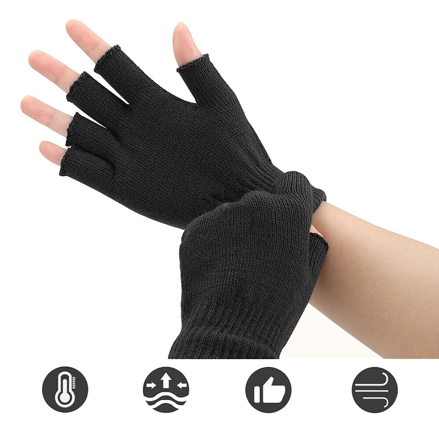 2 Pair Black Soft Knitted Winter Fingerless Gloves Unisex Open Finger