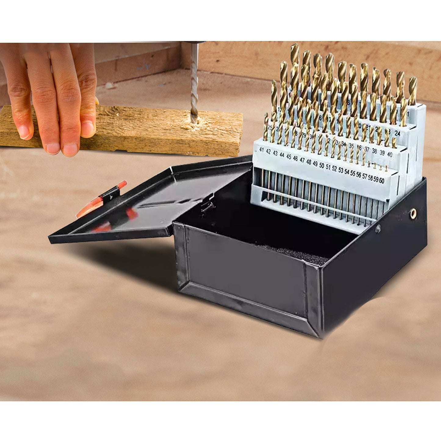 Jobber Length Black and Gold Coated Number Size Drill Bit Set 60 Pieces