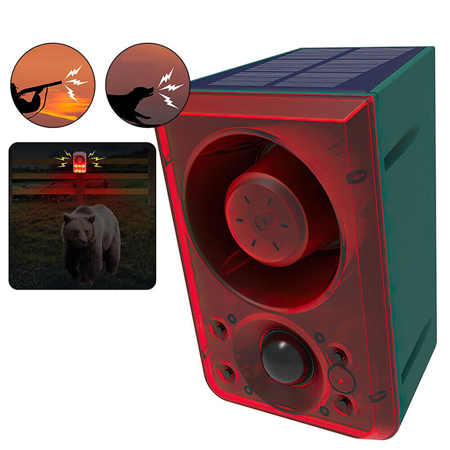 Outdoor Solar Motion Sensor Alarm with Siren Dog Barking and Gunshots Sounds