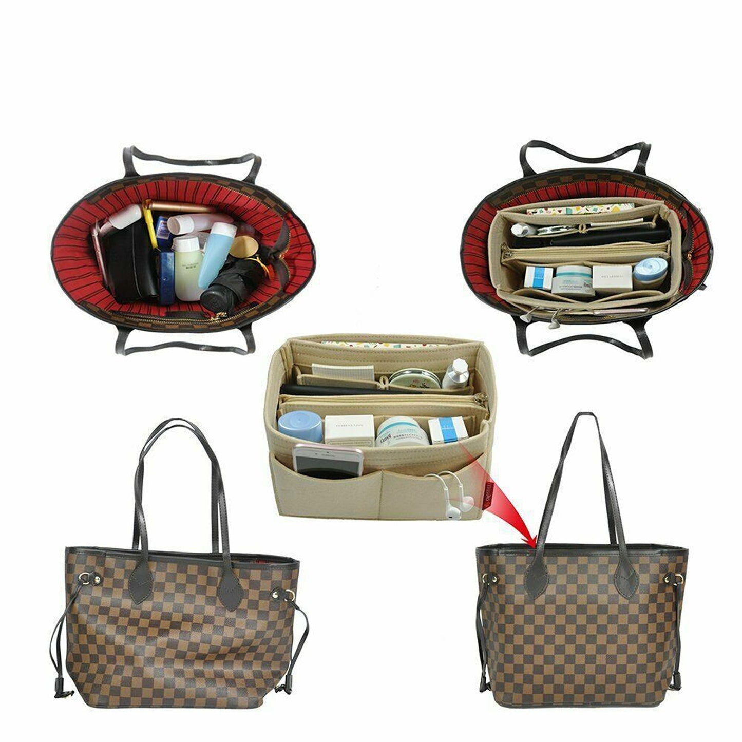 Beige Women Felt Bag Travel Organizer Handbag Tote Insert Liner Purse Pouch