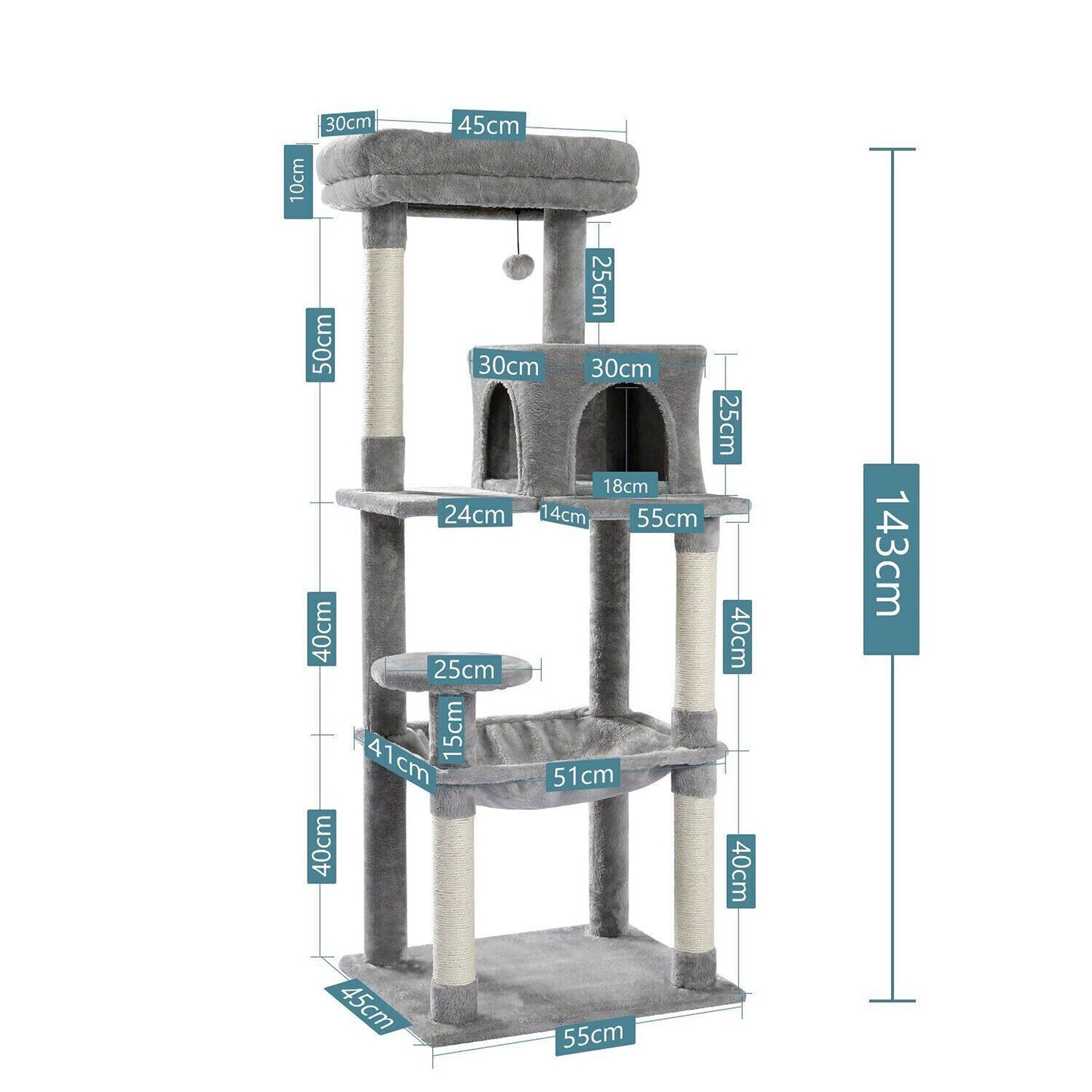 143cm Cats Condo House Cat Tree Tower with Scratching Post and Toys