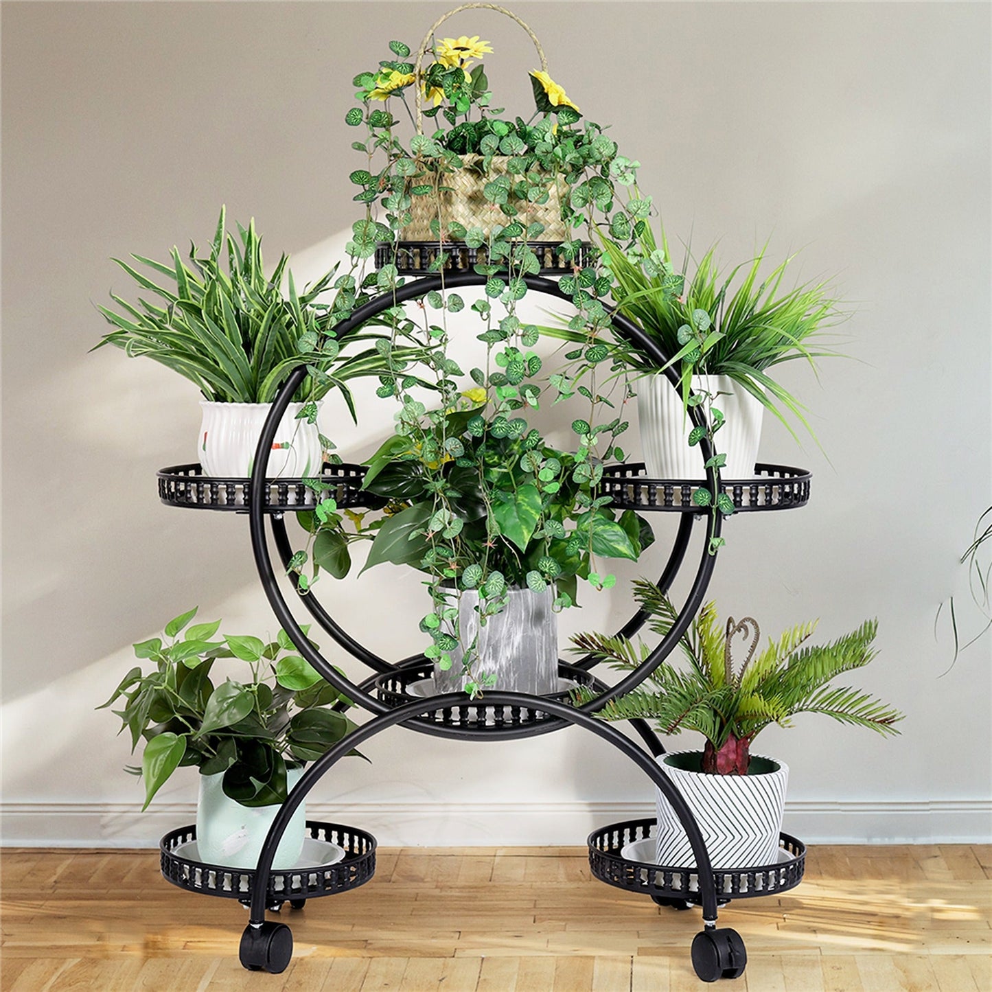 Mobile Balcony Plant Stand with 4 Wheels - 6 Pots
